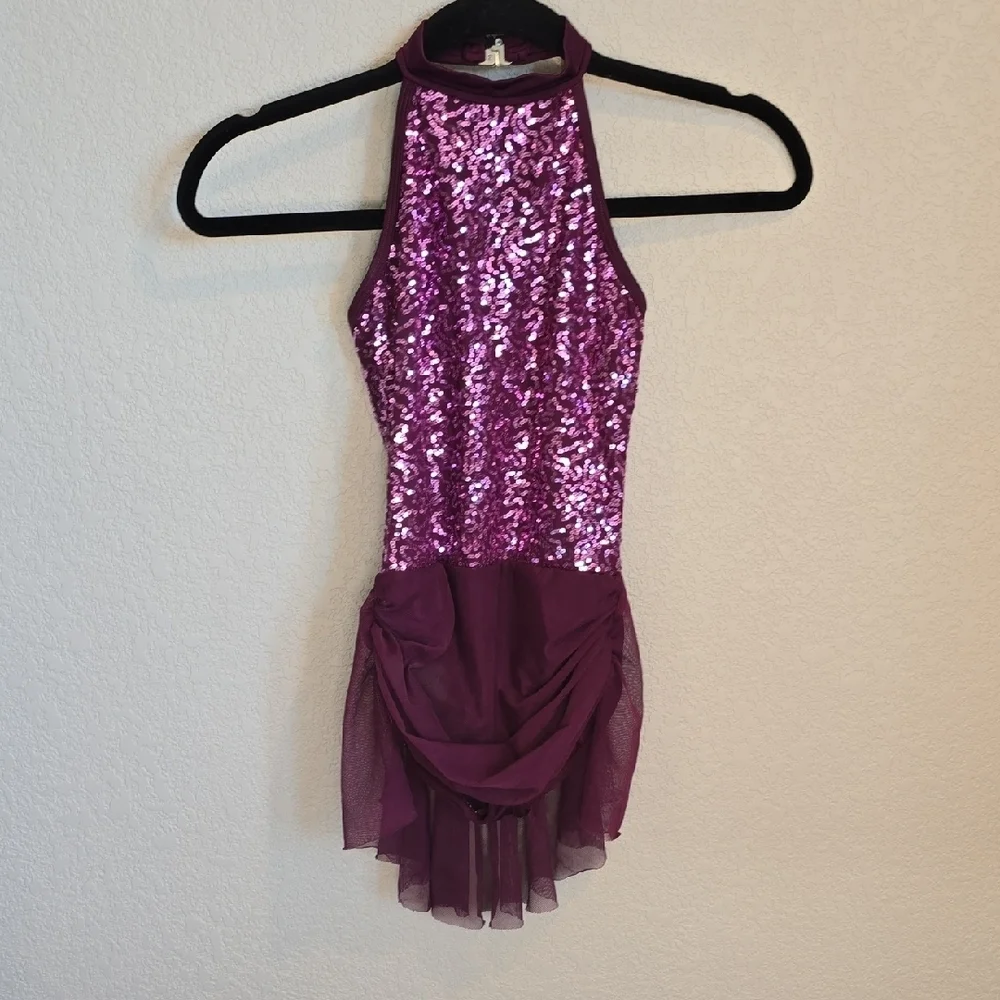 ​NWT Double Platinum Sequin Halter Dance Leotard with Mesh Skirt - Wine - MC